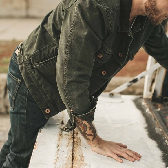 the long haul jacket in washed olive herringbone